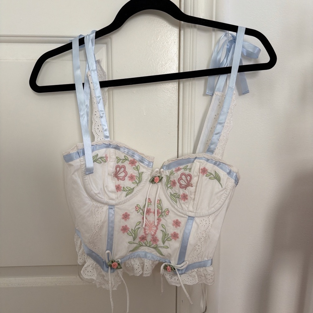 For Love and Lemona Floral Embroidered Corset Top - White and Blue